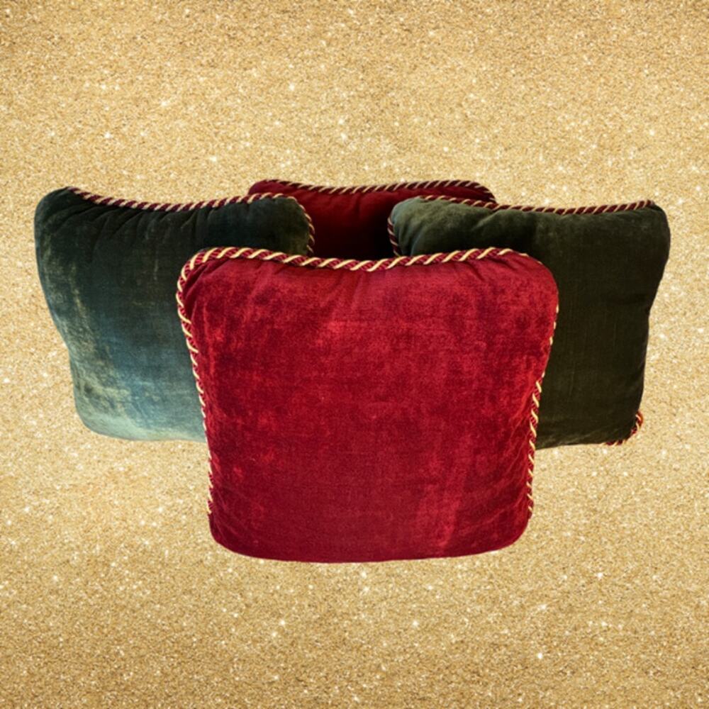 1990s RAYMOND WAITES Set Of 4 Burgundy & Green Reversible Velour Accent Pillows